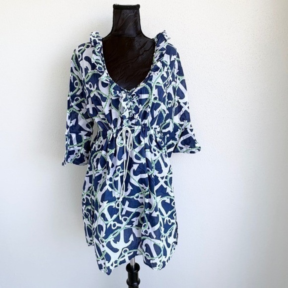 Mud Pie Nautical Anchor Print Swim Cover Up Dress Women L Blue White Coastal